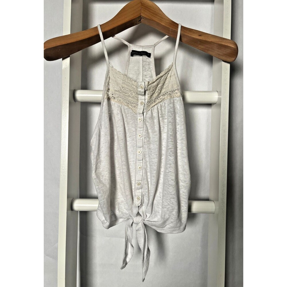 Abercrombie & Fitch Cropped Knit Top Womens M Off White Cream Lace  Tie Btn Fron